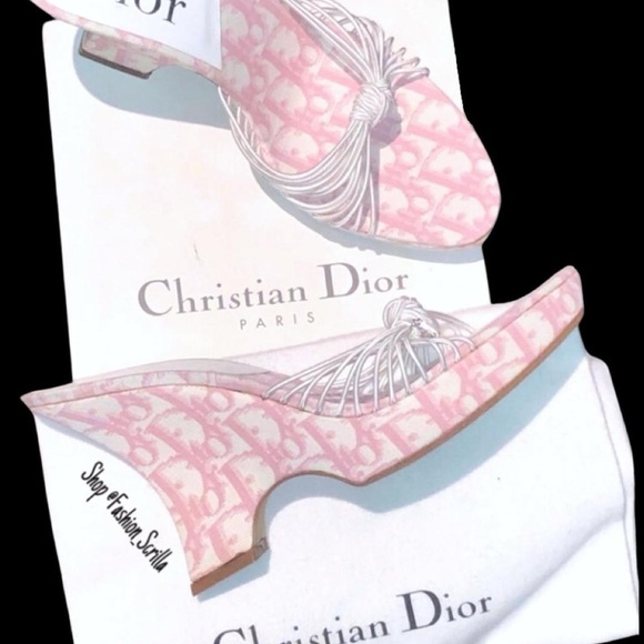DIOR Vintage John Galliano Pink White Monogram Logo Trotter Platform Sandal Heel - Picture 10 of 14